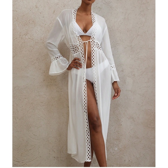 Boho Whie Semi Sheer Front tie Flared Sleeve Kimono Duster Cover up - Picture 4 of 6